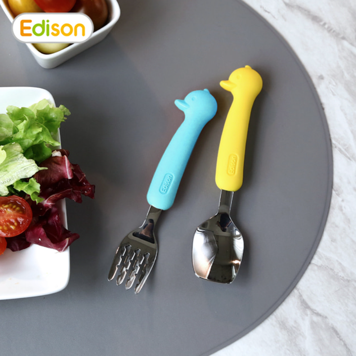 Edison Korea Edison Duck Spoon ช้อนส้อมหัดทาน ปลายสแตนเลสอายุ8m+ - Bebeshop